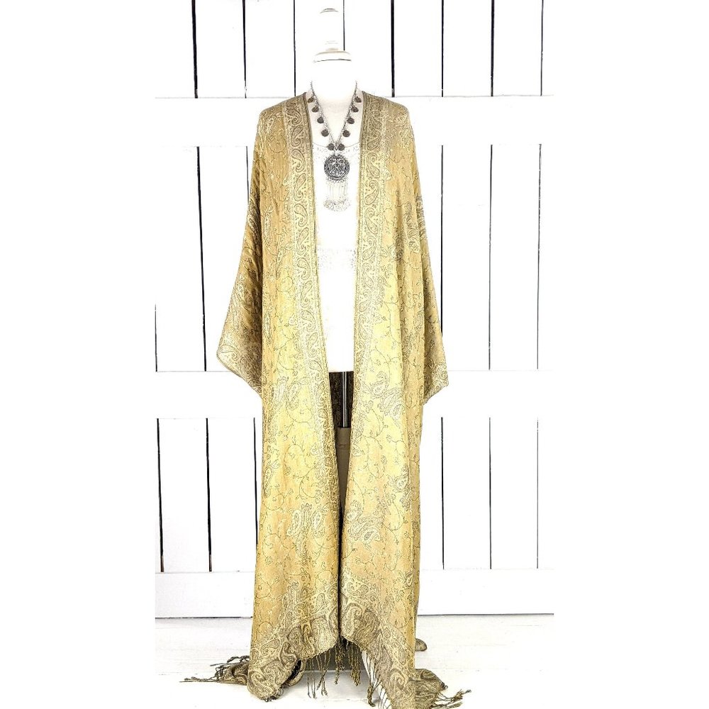 Maxi beige grey paisley pashmina kimono cover up fringe jacket